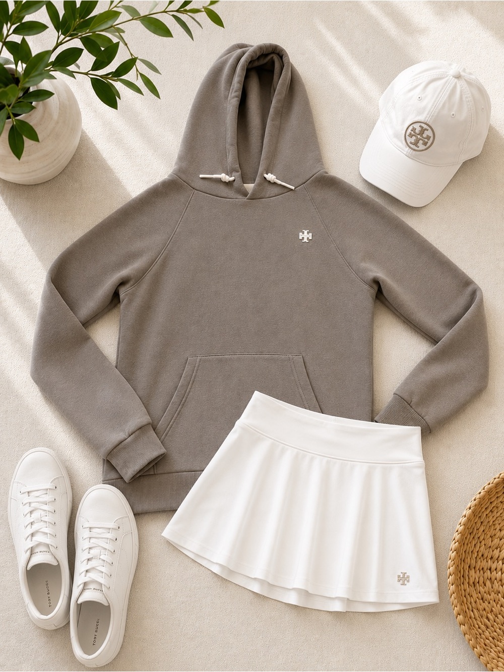 Tory Sport Taupe Hooded Sweatshirt with White Logo